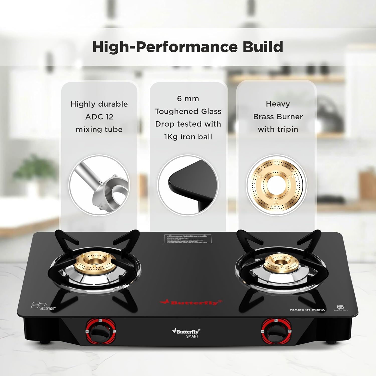 Butterfly Smart 2 Burner Glass Top Gas Stove | Manual Ignition | Scratch Resistant Toughened Glass | Brass Burners | Skid-proof Legs | 1 Year Manufacturer&#039;s Warranty | Black - View 4