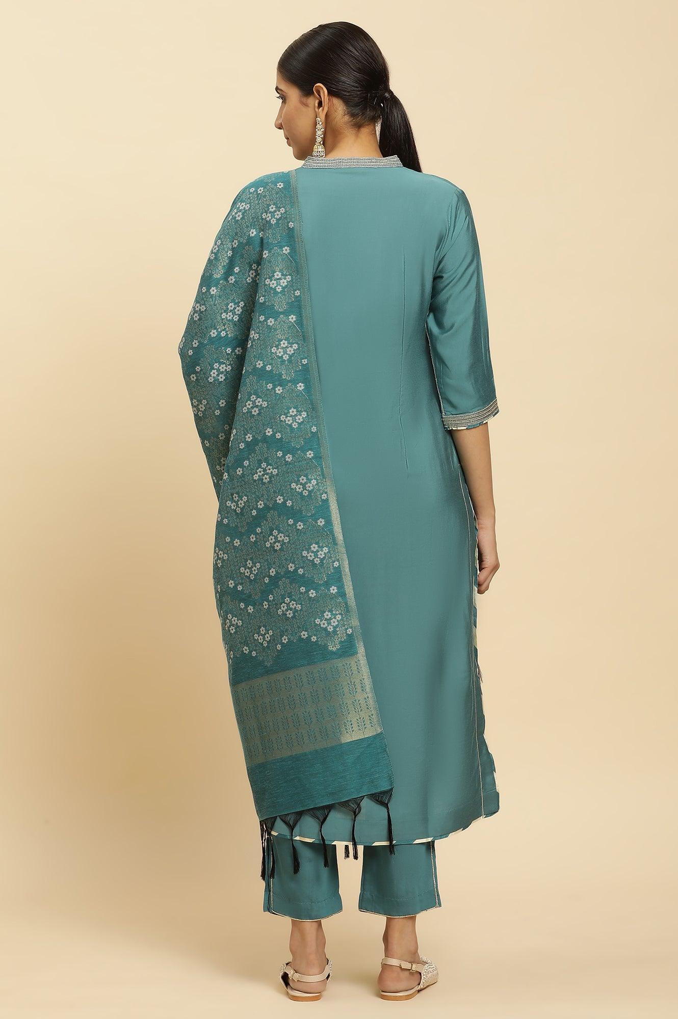 Blue Embellished Kurta, Pants And Jacquard Dupatta Set - View 3