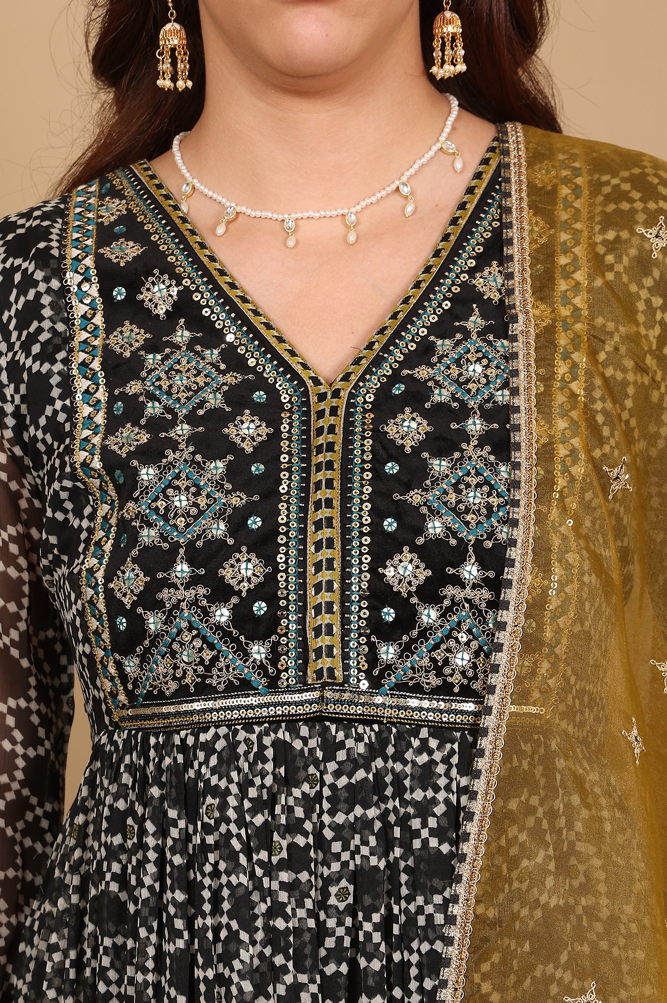 Black Printed Gathered Chiffon Kurta With Embroidery, Churidar And Dupatta Set - View 3