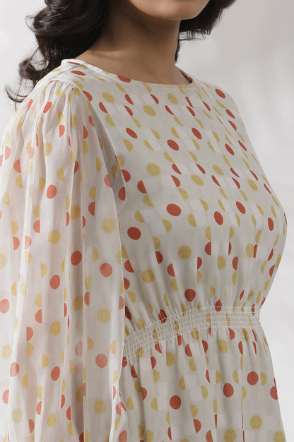 White Polka Dot Printed Gathered Western Dress - View 3