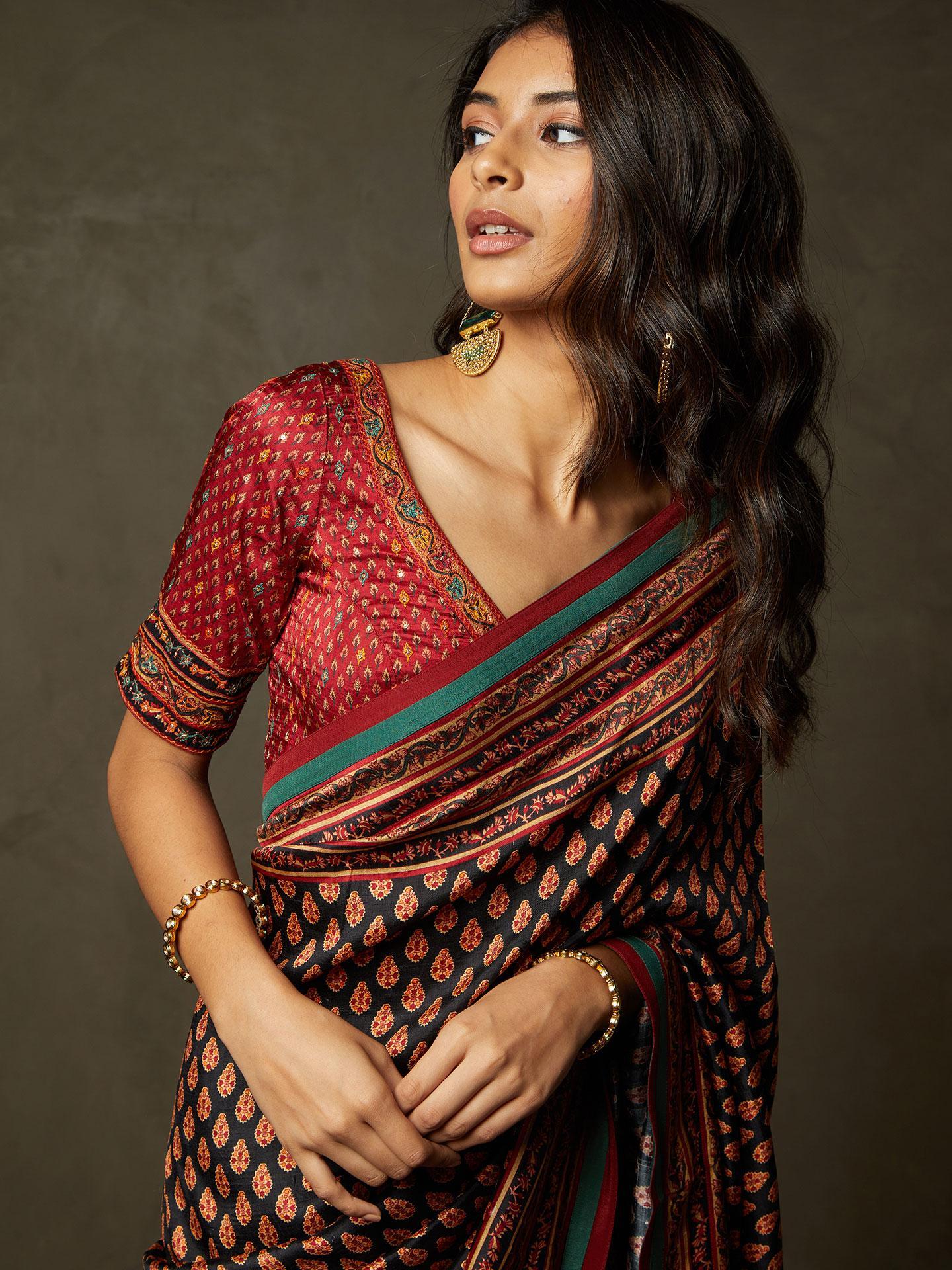 Black &amp; Red Sanganeri Saree With Unstitched Blouse - View 4