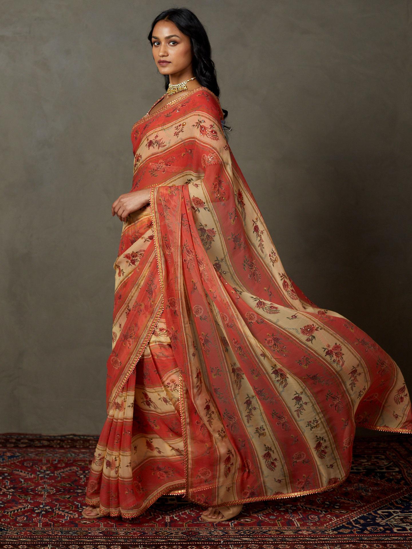 Peach &amp; Multi Dahlia Saree With Unstitched Blouse - View 3