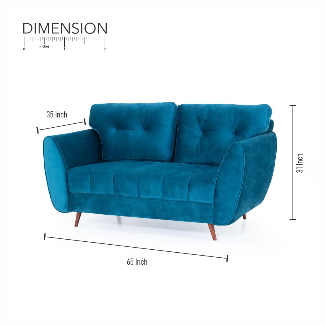 Peachtree Eden 2 Seater Sofa for Living Room| Sofa with 2 Cushions, 3 Year Warranty, Velvet Fabric Sofa with Mango Wooden Frame &amp; Sheesham Wood Legs | Padded Armstyle (Teal Blue) - View 3